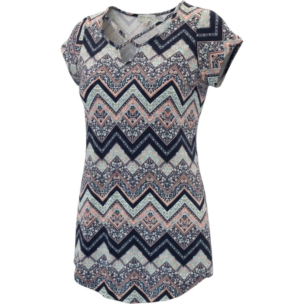 Sauci Plus Womens 1X Navy Coral Chevron Lattice V-Neck Short Sleeve Dress‎ NEW